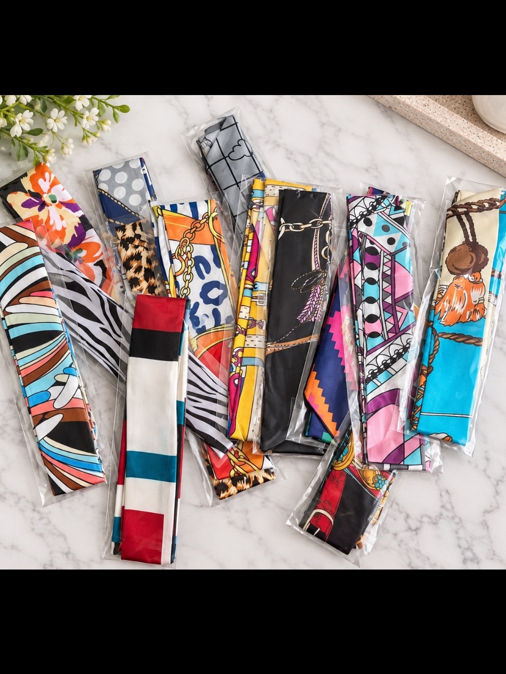 15 Women’s Satin Hair / bag Scarves – Mixed Prints – Approx. 32” x 2”
